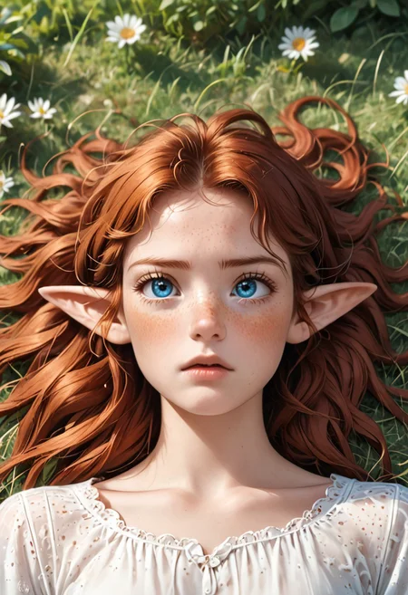 score_9, score_8_up, a red haired elf laying naked on her back in a field of long grass, masterpiece, cinematic look, soothing tones, hyperdetailed, 20 years old, grass, outside, laying in the grass, laying down, laying on back, long hair, hair down to hips, loose long hair, confused, drowsy, red hair, ginger hair, bright blue eyes, full body, heart shaped face, auburn hair, dirty hair, tangled hair, eyes half closed, small nose, full lips, elven ears, pointed ears, pale skin, freckled face, freckles, sleepy, noontime, tired