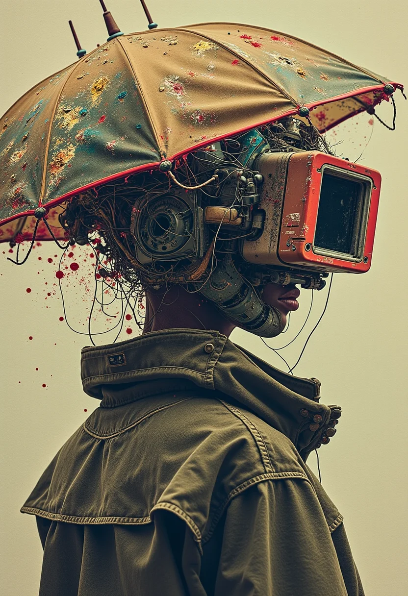 yfg-cehda dead stranding art, by Yoji Shinkawa, futuristic context backgrounds, dark colors, (dutch angle:0.2), neo abstract, explosive brush strokes, vibrant color splashes, gestural marks, emotional intensity, chaotic energy, silhouette the character Fragile, futuristic umbrella