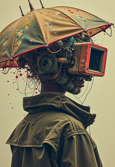 yfg-cehda dead stranding art, by Yoji Shinkawa, futuristic context backgrounds, dark colors, (dutch angle:0.2), neo abstract, explosive brush strokes, vibrant color splashes, gestural marks, emotional intensity, chaotic energy, silhouette the character Fragile, futuristic umbrella