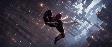 score_9, score_8_up, score_7_up, score_6_up, source_anime, 1girl, solo, <lora:infinity castle:0.85> building, scenery, night, , outstretched arms, falling, <lora:Kafka:0.75> 1girl, white shirt, bangs, sunglasses, eyewear on head, purple hair, long sleeves, purple eyes, long hair, closed mouth, black jacket, gloves, boots, jewelry
