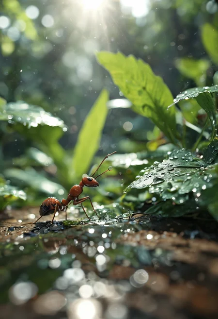 a ultradetailed beautiful, perfect, hyper realistic, digital art, a ant drinking water from dew drop on leaf, solar, sunlight, artstation, exquisite detail, Canon EOS 450D, 50mm lens, f/9, ISO 400, shutter speed 1/125, award winning photograph, perfect contrast, ultra-detailed photography, raytraced, global illumination, ultra high definition, 8k, unreal engine 5, award-winning photograph, trending on artstation  <lora:add-detail-xl:1>  <lora:MJ52:0.5>