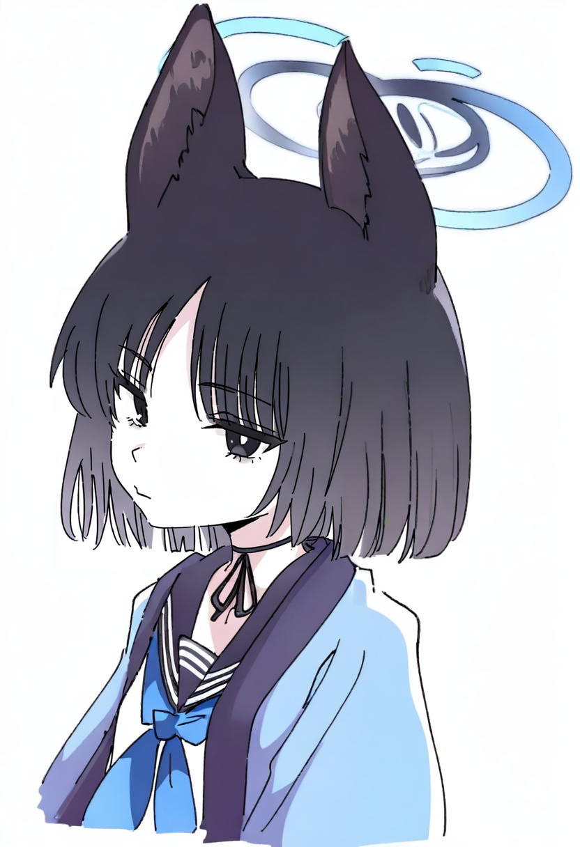 1girl, solo, halo, animal ears, white background, black hair, simple background, sailor collar, neckerchief, upper body, school uniform, looking at viewer, short hair, bangs, serafuku, choker, blue jacket, closed mouth, blue neckerchief, black eyes, jacket <lora:ixyXL_NBVP1_lokr_V6311PZ:0.95>