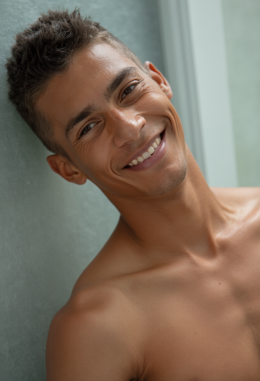 A detailed head-and-shoulders portrait of a young man with golden-brown skin, a buzzcut, and dark brown eyes framed by long lashes. His smile is soft but radiant, showing a single dimple. He has a faint shadow of facial hair and a small mole under one eye. Heâs shirtless, standing in front of a foggy mirror, with droplets of water on his chest and shoulders. The light comes from behind, creating a soft rim-light effect. His body language is casual, natural, and unguarded. <lora:AndroCore-1.4:1>