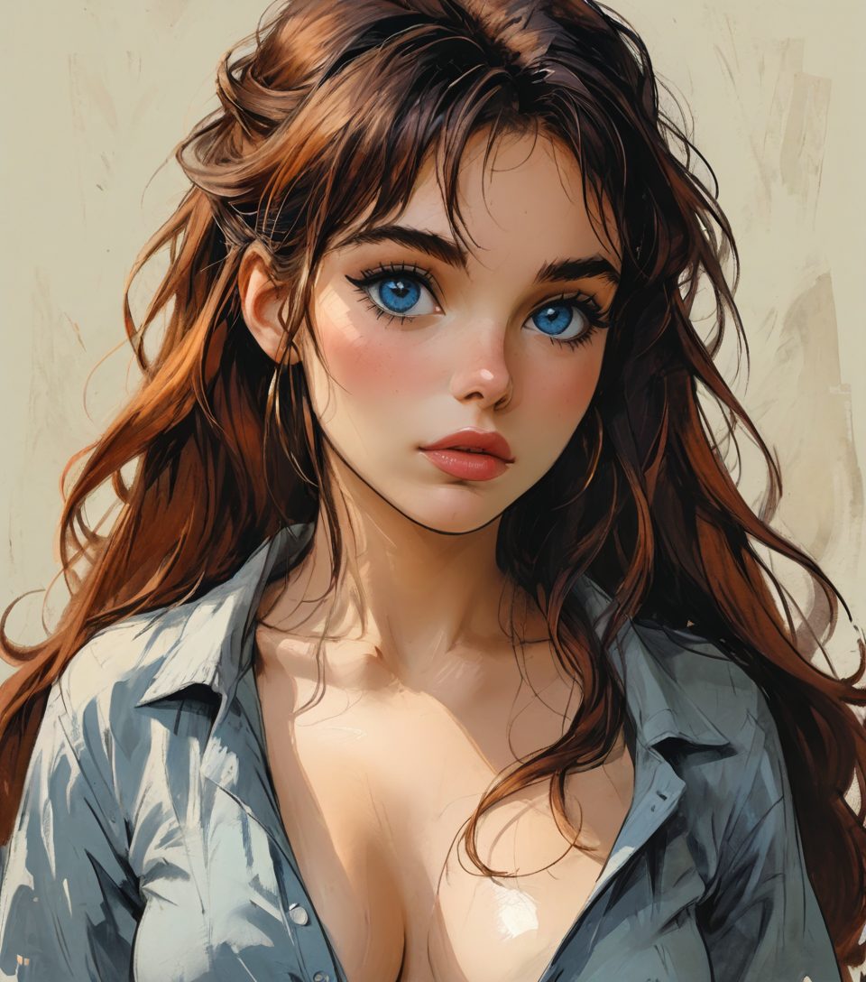 (1girl, solo, masterpiece, 8k, HDR, ), redhead girl, beautiful woman character concept art, extremely sexy, seductive, long hair, blue eyes, luscious lips, comic art, rough color sketch (looking at viewer), (plain background, white background)