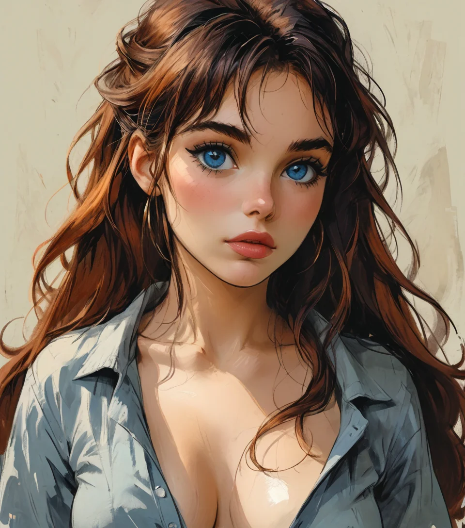 (1girl, solo, masterpiece, 8k, HDR, ), redhead girl, beautiful woman character concept art, extremely sexy, seductive, long hair, blue eyes, luscious lips, comic art, rough color sketch (looking at viewer), (plain background, white background)