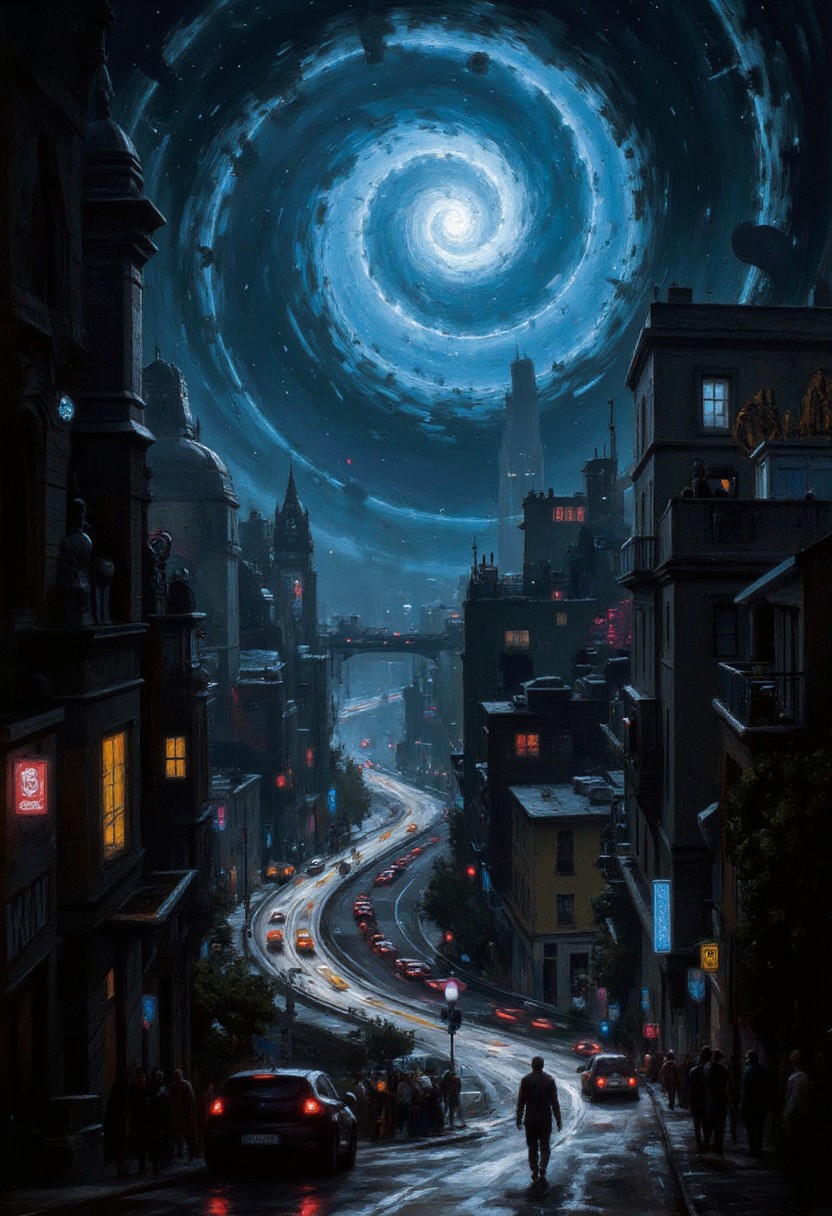 In the heart of a subterranean metropolis, coiled around a ominous, dark star that bathes the realm in an haunting, ethereal glow, the mutated denizens - their skin a mesmerizing tapestry of radiant, iridescent bioluminescence - wind their way through the maze-like, shadow-drenched streets. A sweeping, cinematic wide-angle perspective taken from an elevated perch exposes the sprawling urban landscape, with its pulsating core of the enigmatic star. The scene is rendered with hyper-realistic precision, where stark contrasts, elaborate architectural filigree, and an overwhelming sense of cosmic foreboding converge, amplifying the grandeur of scale, the labyrinthine complexity, and the pervasive feeling of disquiet.aidmaHyperrealism, painting