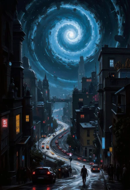 In the heart of a subterranean metropolis, coiled around a ominous, dark star that bathes the realm in an haunting, ethereal glow, the mutated denizens - their skin a mesmerizing tapestry of radiant, iridescent bioluminescence - wind their way through the maze-like, shadow-drenched streets. A sweeping, cinematic wide-angle perspective taken from an elevated perch exposes the sprawling urban landscape, with its pulsating core of the enigmatic star. The scene is rendered with hyper-realistic precision, where stark contrasts, elaborate architectural filigree, and an overwhelming sense of cosmic foreboding converge, amplifying the grandeur of scale, the labyrinthine complexity, and the pervasive feeling of disquiet.aidmaHyperrealism, painting