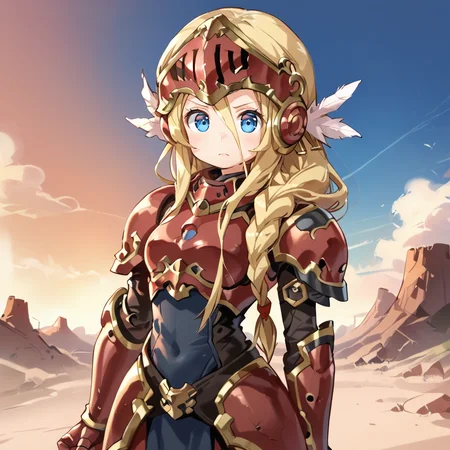 (score_9, score_8_up, score_7_up, score_6_up), source anime, BREAK, <lora:Aegina:0.60> , aegdef, 1girl, blonde hair, long hair, braid, blue eyes, valkyrie, visor (armor), winged helmet, armored dress, armor, gauntlets, boots, serious, closed mouth, looking at viewer, solo, cowboy shot, <lora:zy_Detailed_Backgrounds_v1:0.5> , detailed background, highly detailed,  castle, fortress, wasteland, desert, sunset, angel, angel wings, white feathers,  <lora:04kXLP:0.8> , 04k,