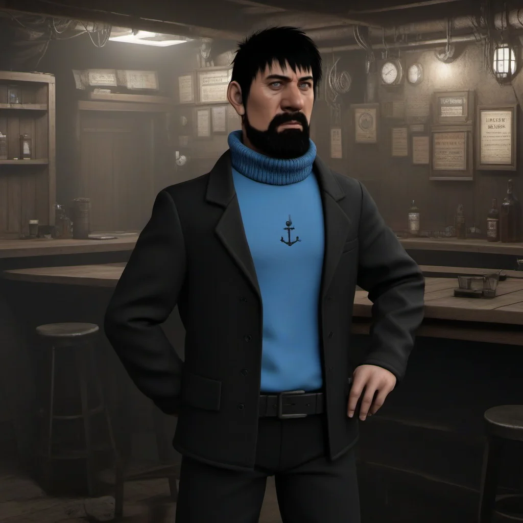 Dystopian style full body portrait robotic  man ,  black hair, blue techno shirt, black techno jacket, blush, black techno pant, facial hair, cyberpunk tavern<lora:Haddock1024:0.8>  . Bleak, post-apocalyptic, somber, dramatic, highly detailed