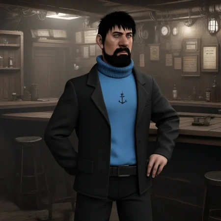 Dystopian style full body portrait robotic man , black hair, blue techno shirt, black techno jacket, blush, black techno pant, facial hair, cyberpunk tavern<lora:Haddock1024:0.8> . Bleak, post-apocalyptic, somber, dramatic, highly detailed
