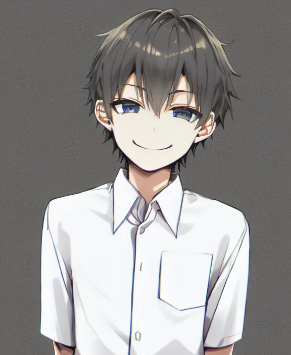 bangs, by sky-freedom, 1boy, solo, white collared shirt, smile, bold outlines, simple background, anatomy, upper body, squinting, grey hair <lora:skyfreedom-v1-8k-lora:1.5>