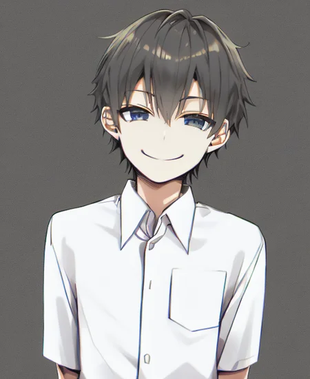 bangs, by sky-freedom, 1boy, solo, white collared shirt, smile, bold outlines, simple background, anatomy, upper body, squinting, grey hair <lora:skyfreedom-v1-8k-lora:1.5>