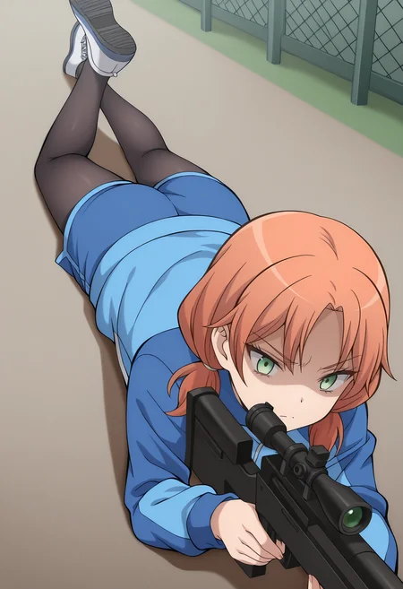 from_side,<lora:Hayami_Rinka:1>,Hayami_Rinka,1girl,orange hair,green eyes,low twintails,holding,sniper rifle,aiming,on stomach,serious,shaded_face,blue track jacket,blue shorts,black_pantyhose,shoes,masterpiece,best quality,amazing quality,very aesthetic,absurdres,newest,