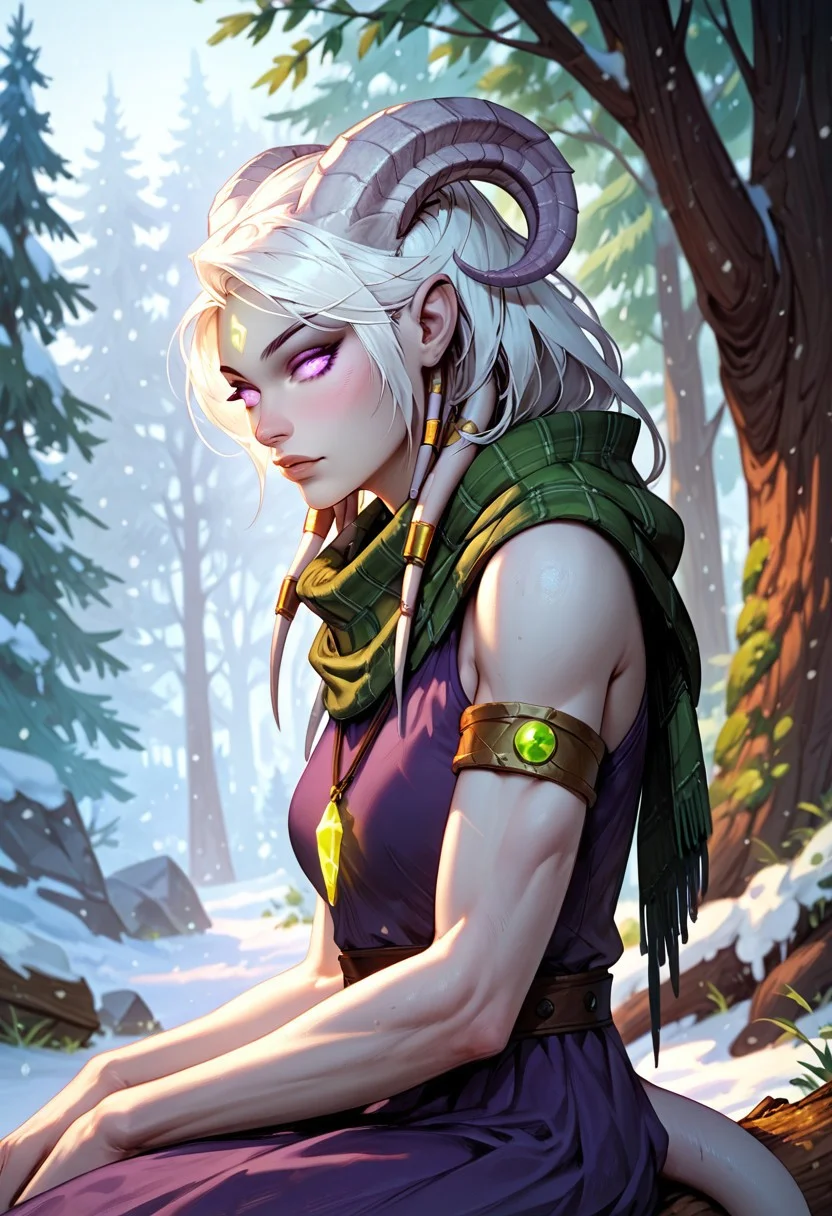 masterpiece, score_9, score_8_up, score_7_up, score_6_up, world of warcraft, fantasy,
(female, draenei, h0rns, ram horns, white horns, tall, athletic arms, pale white skin, long white hair, purple eyes, long white tail, long fingers),
upper body, side view, sitting on log, sitting, looking to viewer, close,
(long loose purple dress, tail under dress, dark green silk scarf, simple armlet, small yellow gem pendant), stern look,
depth of field, outdoor, snowy forest, snow, bare trees, tent behind,
<lora:add-detail-xl:1.5>