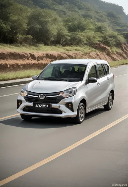 high resolution, best quality, Car, Daihatsu Sigra, Sunny Day, countryside, road, high speed,