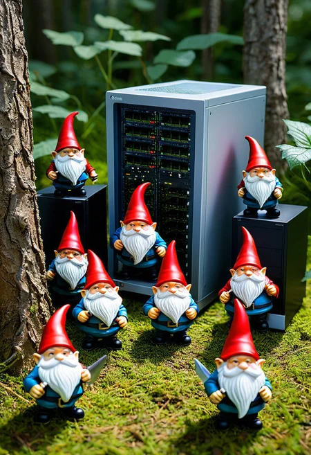 A Landscape Of a civial war between gnomes in front of a active internet server