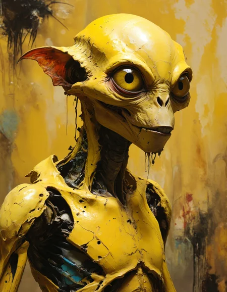 a bizarre alien creature,  superb, animated, sublime, by Graham Sutherland, Asger Jorn, by Neal Adams, Summer Yellow hue, highly dramatic lighting

<lora:xl_more_art-full_v1:0.5>  <lora:MJ52:0.5>