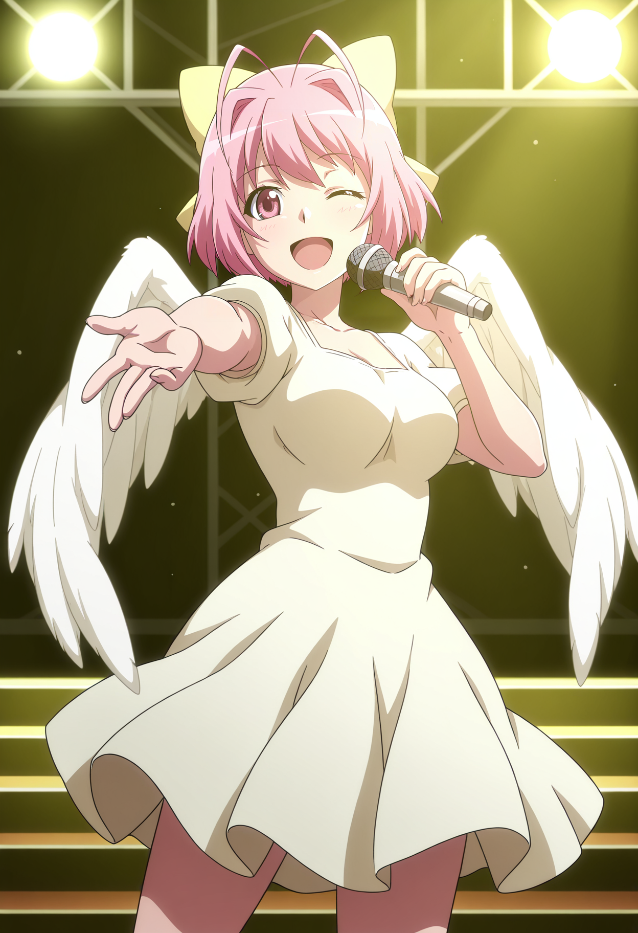 1girl,solo,mm,mature female,pink hair,short hair,pink eyes,hair bow,antenna hair,anime coloring,
angel wings, dress,cowboy shot, outstretched arm, holding microphone, one eye closed, singing,dynamic pose, stage lights, stage, smile
,masterpiece,best quality,amazing quality,<lora:Kanon_Nakagawa-Kami_nomi_zo_Shiru_Sekai:0.8>