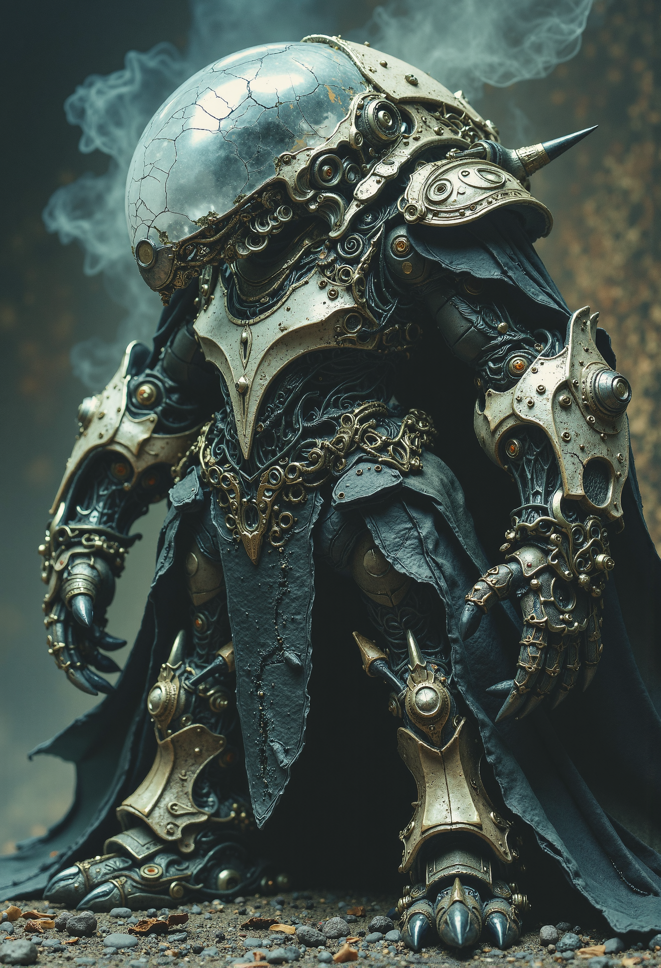 Haunted mech, cracked cockpit, ghostly aura, faded insignia, shattered limbs <lora:Elden_Ring_-_Yoshitaka_Amano.safetensors:1.0>,  <lora:aiai-Glimra-Flux-Dev-v2.safetensors:0.5>,