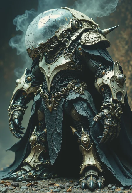 Haunted mech, cracked cockpit, ghostly aura, faded insignia, shattered limbs <lora:Elden_Ring_-_Yoshitaka_Amano.safetensors:1.0>, <lora:aiai-Glimra-Flux-Dev-v2.safetensors:0.5>,