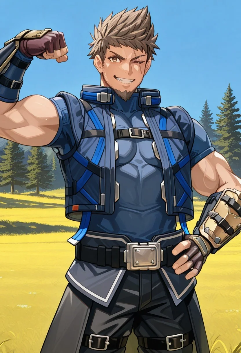 masterpiece, best quality, newest, extreme detail description, amazing quality, 1boy, solo, rex_xc3, brown hair, spiked hair, brown eyes, scar across eye, beard, facial hair, stubble, blue shirt, vest, belt, gauntlets, fingerless gloves, black pants, toothy grin, looking at viewer, winking, flexing bicep, hand on waist, camp background, outside, blue skies, sunny