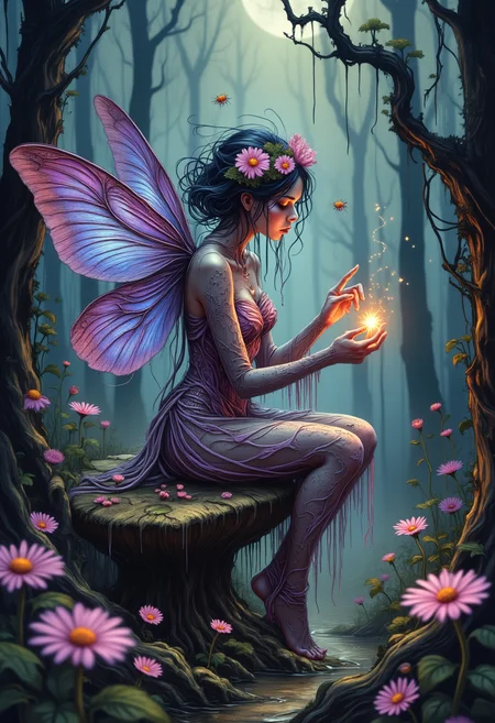 yfg-liqd, Ethereal fairy with iridescent dragonfly wings perched on a bio-luminescent mushroom, surrounded by a misty ancient forest. Delicate features illuminated by soft moonlight filtering through dense canopy. Intricate floral crown adorned with tiny glowing fireflies. Gossamer gown woven from spider silk and morning dew. Enchanted aura emanates, causing nearby flowers to bloom and spiral upwards. Vibrant yet muted color palette of deep purples, blues, and greens. Magical sparks dance around her fingertips as she conducts an orchestra of glowing insects. Hyper-realistic details in bark textures and leaf veins. Depth of field emphasizing the fairy while softening the mysterious background. Cinematic lighting, subtle lens flares, volumetric fog. 8K resolution, photo-realistic rendering, masterpiece quality.