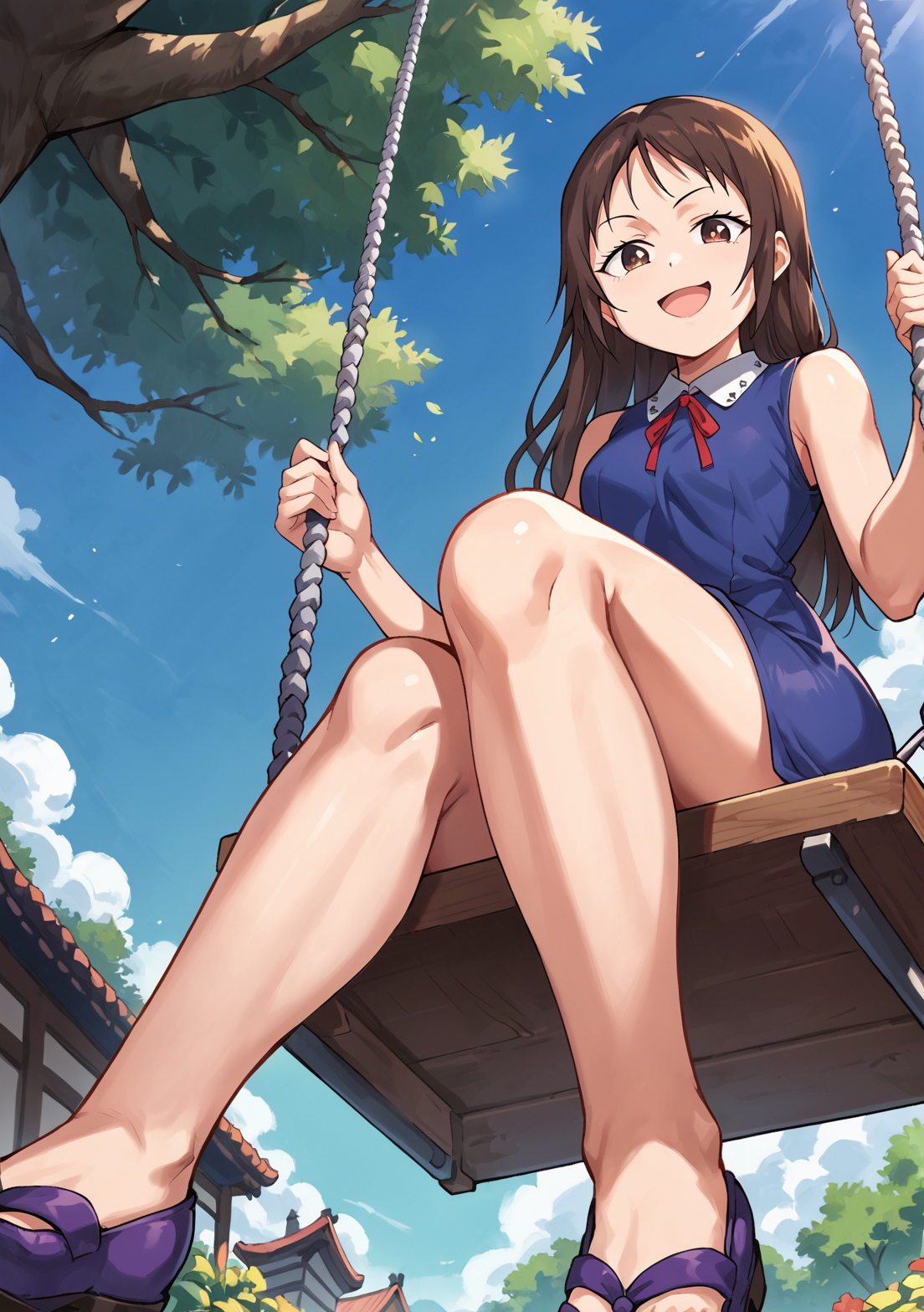 score_9, score_8_up, score_7_up, source_anime,  Rika Orimoto, Rikaorimotopony, blue dress, (brown eyes, black pupils),  legs, red ribbon, sleeveless, brown hair,  long hair,  looking at viewer, smug, open mouth,  hands on swing,  sitting, swing, tree, outside, japanese style house, garden, from below,  medium hips,  purple footwear   <lora:orimoto_rika-000001 (1):1>