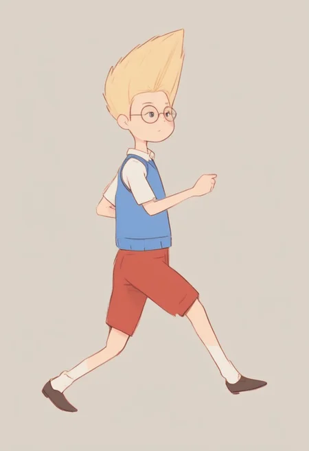 score_9, score_8_up, score_7_up, source_cartoon, solo,1boy, solo, human, male focus, Lewisrobinson, blonde spiky hair, glasses, blue vest, red shorts, white shirt, confident pose, cartoon style, brown shoes, white socks. looking at viewer, standing, dynamic pose, motion blur, motion lines, legs apart, black space background, ng_deepnegative_v1_75t, By bad artist , bad_pictures, fcNeg, chibi,