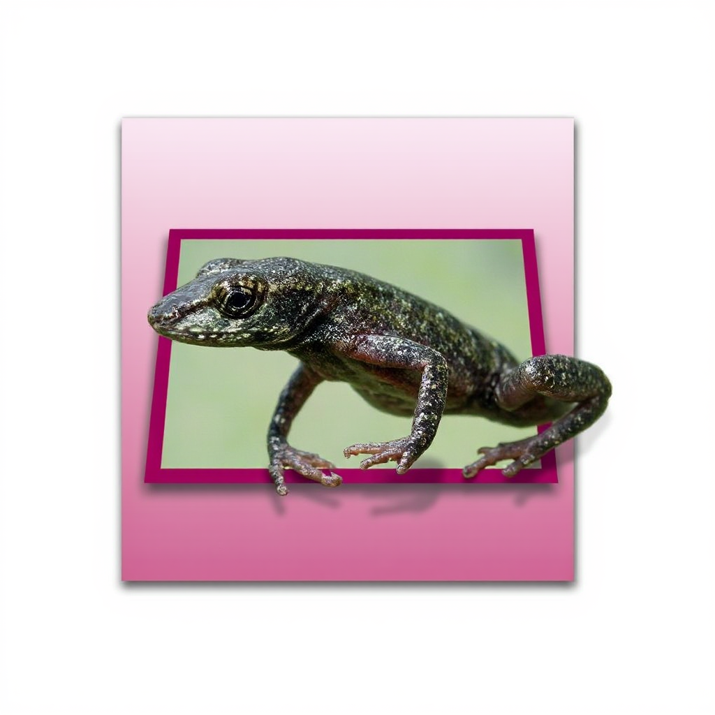 Frogsong breaking the frame, Fuchsia frame on a white background. With a drop shadow.