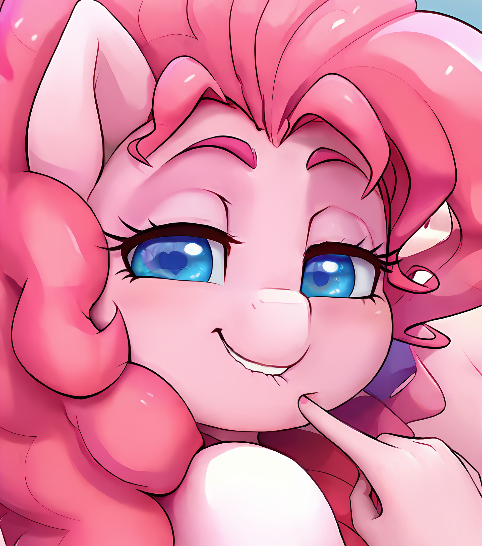 score_9, score_8_up, spindlesx, anthro, equid, equine, pink body,  female, pinkie pie, mammal, straight hair, blue eyes, pupils, pink body, close up, biting lip, 2023, smile, finger in mouth, naughty face,  bedroom eyes, <lora:spindlesRev3T:1>