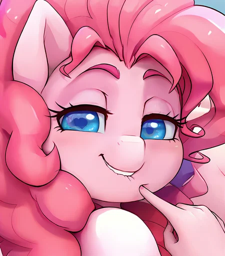 score_9, score_8_up, spindlesx, anthro, equid, equine, pink body, female, pinkie pie, mammal, straight hair, blue eyes, pupils, pink body, close up, biting lip, 2023, smile, finger in mouth, naughty face, bedroom eyes, <lora:spindlesRev3T:1>