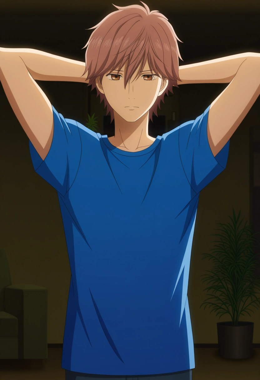 masterpiece, best quality, anime screencap, official style, anime coloring, cowboy shot, 1boy, solo, male focus, <lora:taichi_mashima_ilxl:0.92>, taichi_mashima, brown hair, brown eyes, short hair, bangs, hair between eyes, blue shirt, close-up, living room, plant, dark, arms behind head, relaxed,