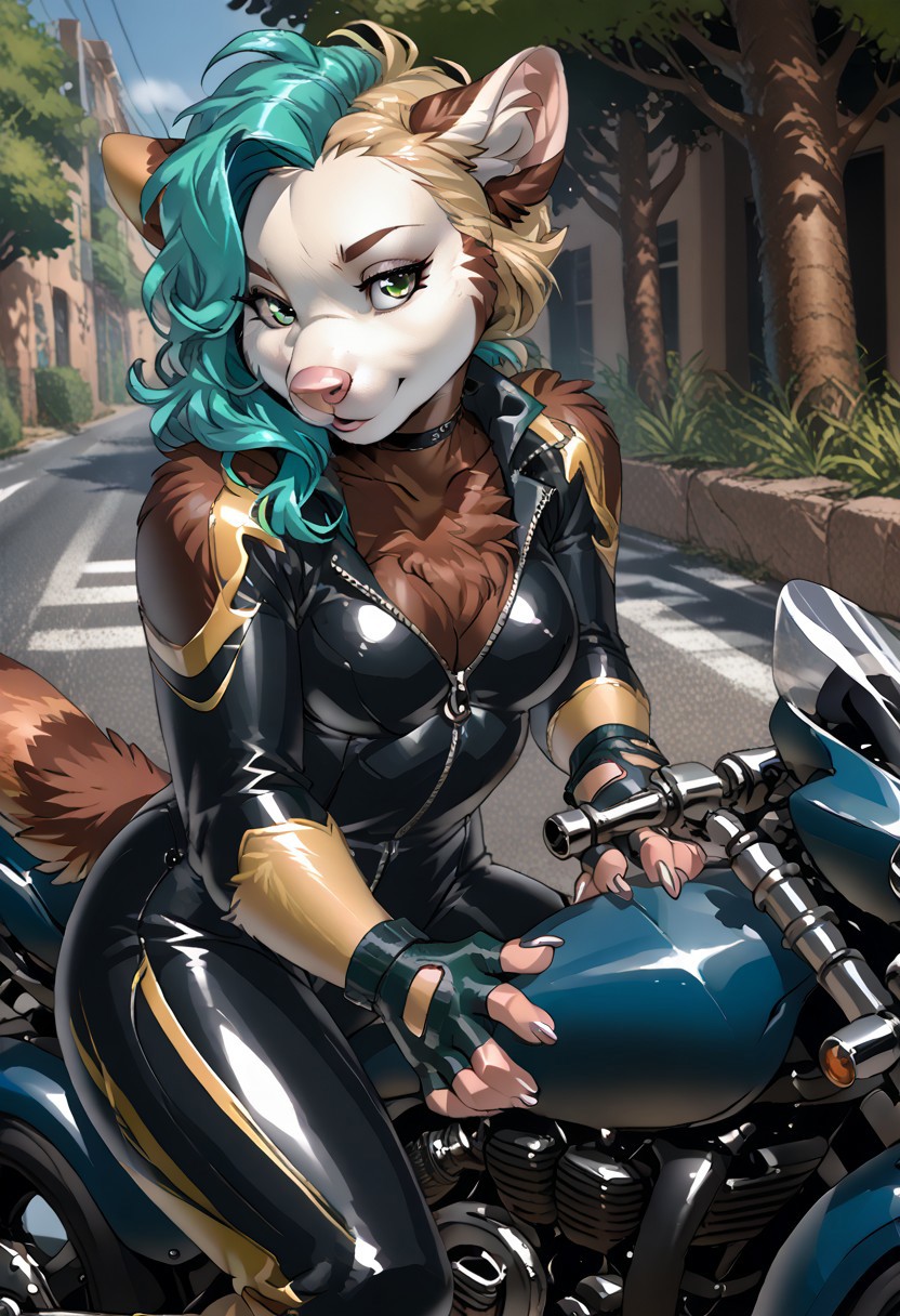 score_9, score_8_up, score_7_up, (by jailbird:1.5), (by kittydee:1.5), (by zummeng:1.5), masterpiece, best quality, (solo),  
(Furry Art: anthro: tree-kangaroo:1.5), 1girl, expressive eyes, feminine eyes, <lora:beautiful_detailed_eyes:1>, perfect face, marsupial, multicolored fur, brown fur, blonde fur, white fur, pink animal nose, green eyes, (light blue hair:1.5), (straight hair), (asymmetrical haircut), medium breasts, (motorcycle bodysuit:1.5), (fingerless gloves:1.5),