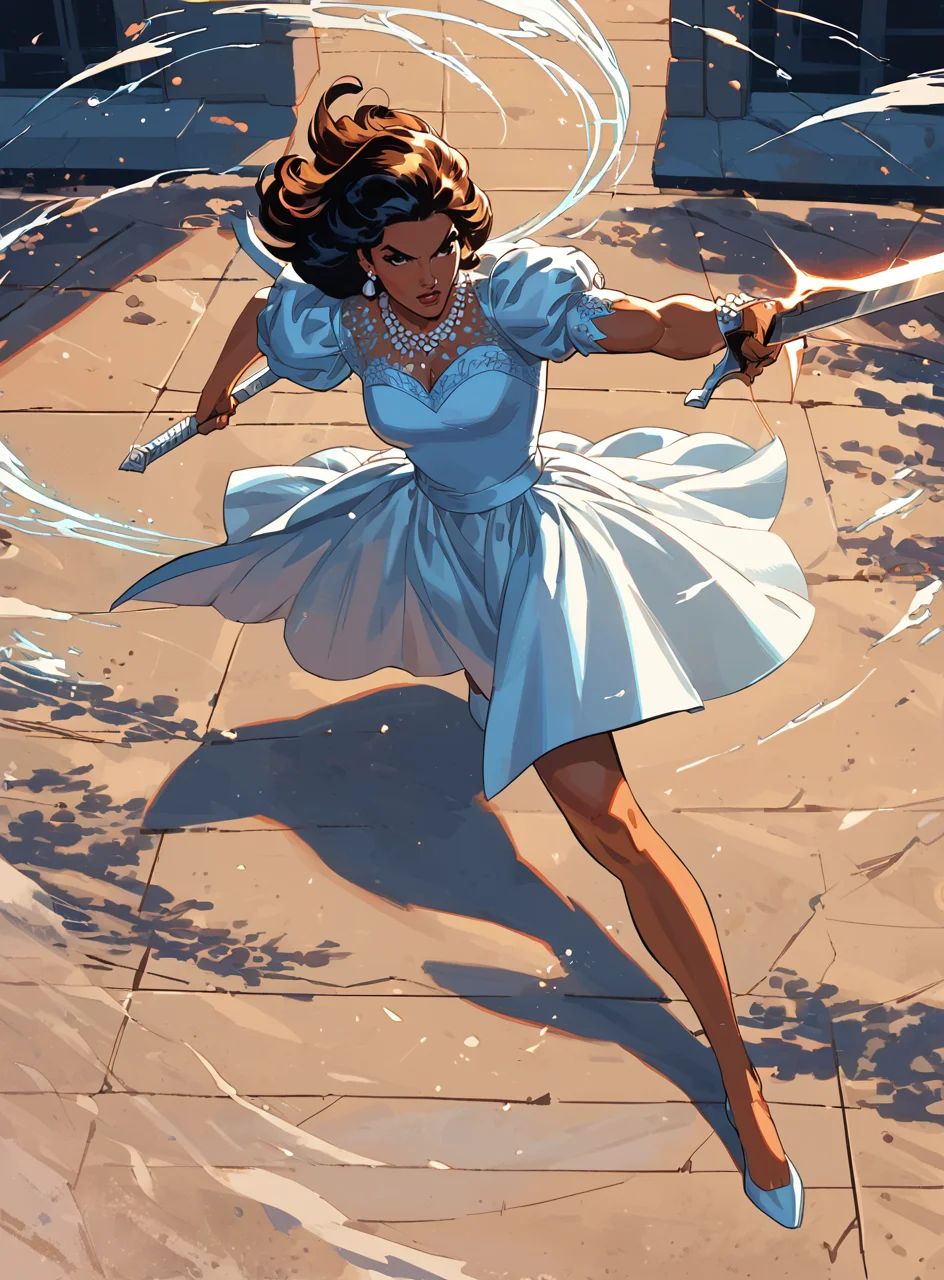 score_9, score_8_up, score_7_up, <lora:classcompxl:1>, classcompxl, 1girl, elegant dress, comic, action pose, holding swords, from above, action pose, flowing dress, in motion
