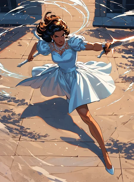 score_9, score_8_up, score_7_up, <lora:classcompxl:1>, classcompxl, 1girl, elegant dress, comic, action pose, holding swords, from above, action pose, flowing dress, in motion