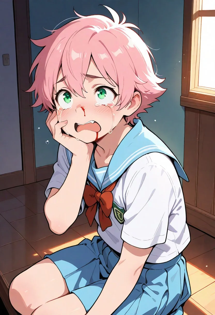 masterpiece, best quality, amazing quality,
flat colors, high detailed, high quality, high resolution, 4k
, 1boy, trans boy, green eyes, femboy, trans, cute boy, japanese school uniform, in room, blue skirt, pink hair, sitting the floor, hand on face,  shocked, expressive face,  side view, sad, crying, shocked face,  looking up, blood on nose, open mouth, 
BREAK 
This made grumble by his father, lower body father, standing, father and boy, standing