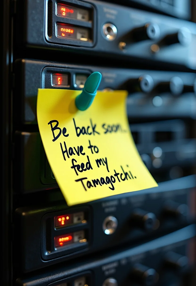 close up of a Server with a sticky note that says "Be back soon. Have to feed my Tamagotchi"