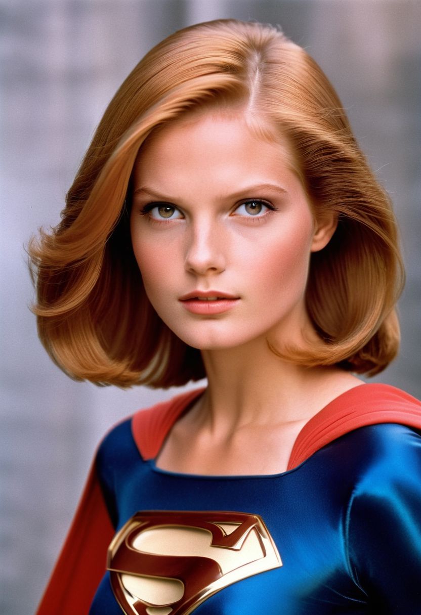 1980s Supergirl film costume, youthful ginger-haired Supergirl, facing forward, shiny voluminous smooth straight side-parting short bob haircut, dark-brown eyes, Supergirl film 1980s, ultra-realistic photo, Hyperdetailed photography, sharp focus