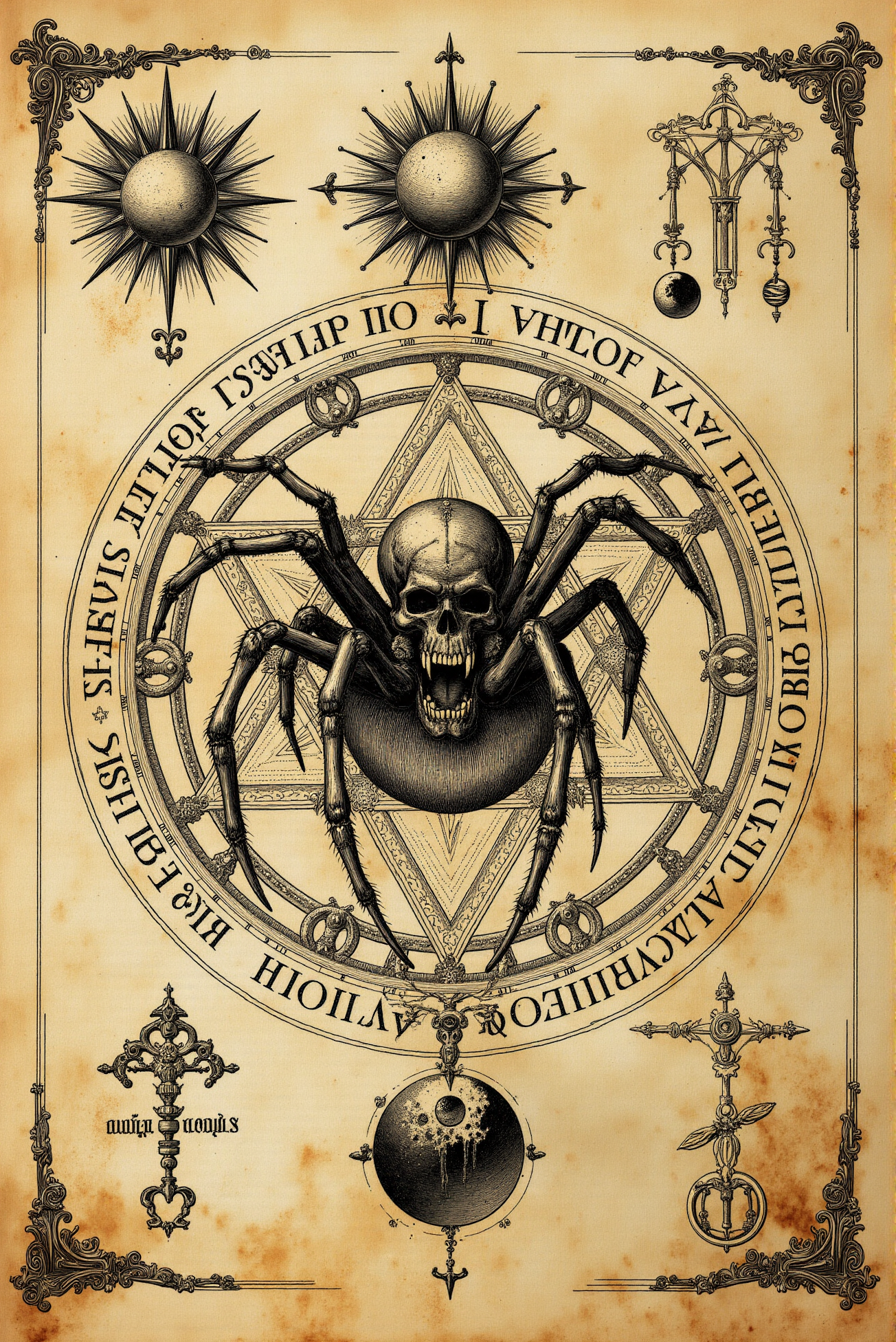 <lora:Vintage_sketch_style_v.1:0.8> VintageSketch style.  An enigmatic and ominous sigil unfolds across this aged parchment, forming a circular composition steeped in arcane symbolism and occult aesthetics. At the center, a monstrous spider with jagged limbs and a grotesquely detailed face crouches within an intricate geometric design, its bulbous abdomen marked with a grinning skullâan eerie harbinger of death and forbidden knowledge. The creatureâs eyes gleam with malice, and its legs splay outward, their sharp, claw-like tips extending toward the edges of the inner ring. Encircling the arachnid is a meticulously arranged series of cryptic glyphs, runic inscriptions, and alchemical symbols, forming an elaborate incantation or seal of binding. These characters, resembling a lost esoteric script, radiate an unsettling presence, as if whispering hidden truths of eldritch power. Among them, planetary sigils and hermetic emblems suggest connections to celestial forces, with Mars, Saturn, and Pluto-like markings hinting at war, destruction, and the underworld. The outermost ring features four distinct emblematic designs: a radiant sun with an expressionless face, a pair of crossed keys signifying hidden knowledge, a celestial sphere partially eclipsed in darkness, and a planetary symbol deeply tied to mysticism. These elements reinforce the manuscriptâs ritualistic nature, evoking ancient grimoires and summoning diagrams. Rendered in a bold, inked style reminiscent of medieval woodcuts and secret alchemical texts, the illustration embraces a darkly intricate aesthetic, merging Gothic horror with occult surrealism. The parchmentâs muted, warm tones contrast sharply with the stark black linework, amplifying its ancient, forbidden aura. The image pulsates with the essence of a lost tomeâone that whispers of curses, celestial alignments, and the delicate web of fate woven by unseen hands.