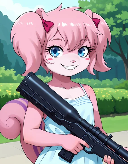 masterpiece, best quality, very aesthetic, absurdres,
outdoors, 
upper body, posing, 
sundress, holding huge gun,
evil grin, evil look, long eyelashes,
 <lora:Twiggy_v01_NAIXL:1>
Tw166y,1girl,solo,furry,furry female,squirrel girl,pink hair,squirrel ears,short hair,twintails,hair bow,blue eyes,blush stickers,animal nose,body fur,pink fur,squirrel tail,