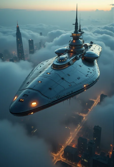 a (massive futuristic spaceship:1.3) gliding through (dense clouds:1.2) above a (lit-up cityscape:1.2) at night, the (ship’s sleek metallic surface:1.2) reflecting the (city lights below:1.2), (tall skyscrapers:1.1) partially obscured by the clouds, (glowing lights:1.2) and (small structures:1.1) dotting the ship’s surface, creating a (high-tech, advanced appearance:1.3), (antennae and spires:1.2) extending from the ship’s hull, (gentle mist:1.1) swirling around, adding to the (sense of mystery and grandeur:1.3), the (scene is bathed in soft, ambient light:1.2) with a (mixture of cool and warm tones:1.2), enhancing the (futuristic atmosphere:1.3)