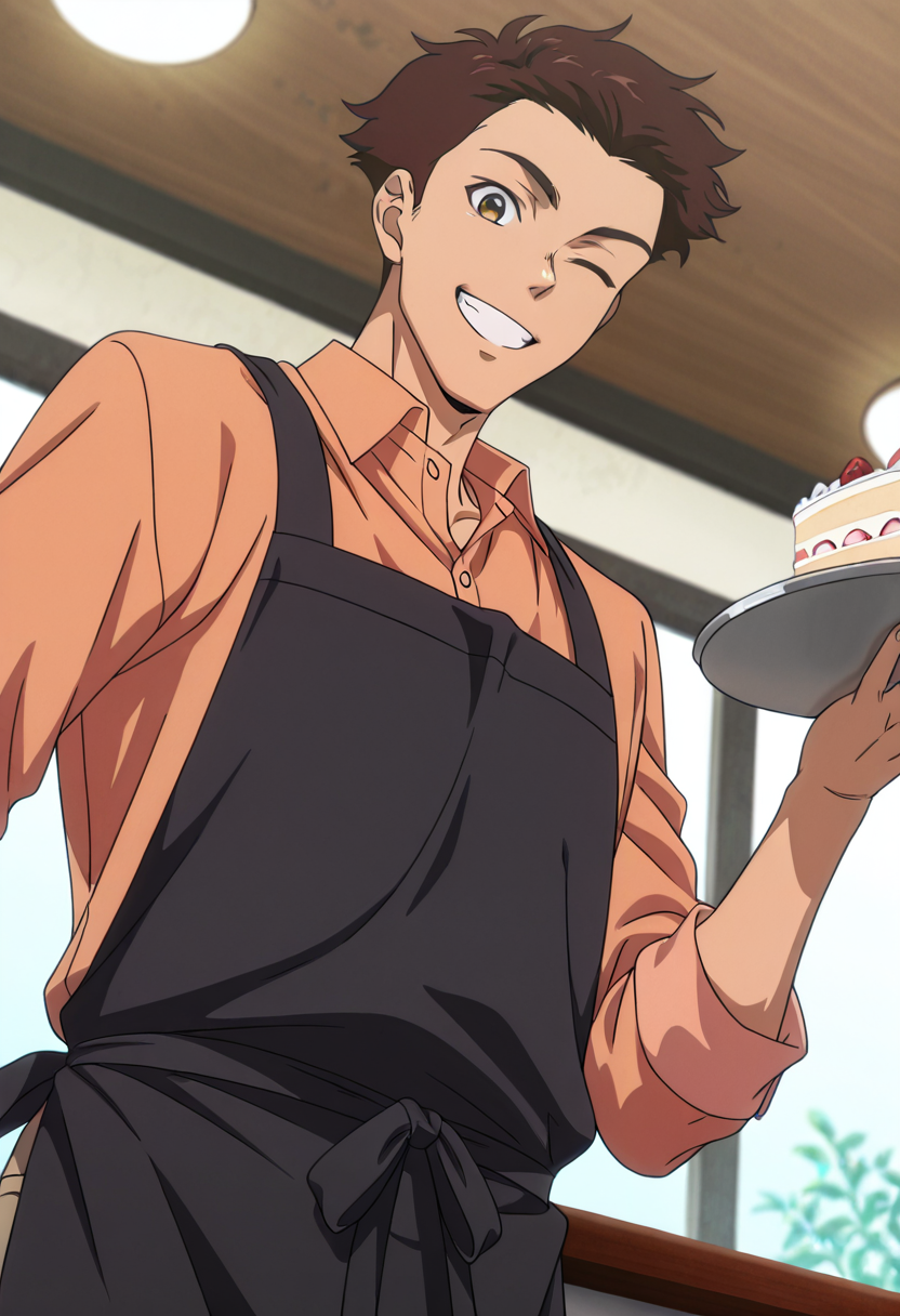 masterpiece, best quality, newest, absurdres, anime screencap, intricate details, good quality, very awa, highres, perfect proportions, perfect eyes, amazing quality, very aesthetic, <lora:Sakaki_Shohei_Love_All_Play.safetensors:1.0>,  1boy, shoh31_sakak1, brown_shoh31_sakak1_eyes, brown_shoh31_sakak1_hair, anime coloring, solo, male focus,  orange collared shirt, black apron, looking at viewer, holding, tray, food, cake, smile, one eye closed, restaurant, from below,  shadow, dynamic angle, dynamic action, atmospheric perspective, intricate lighting, intricately detailed illustration, depth of field,