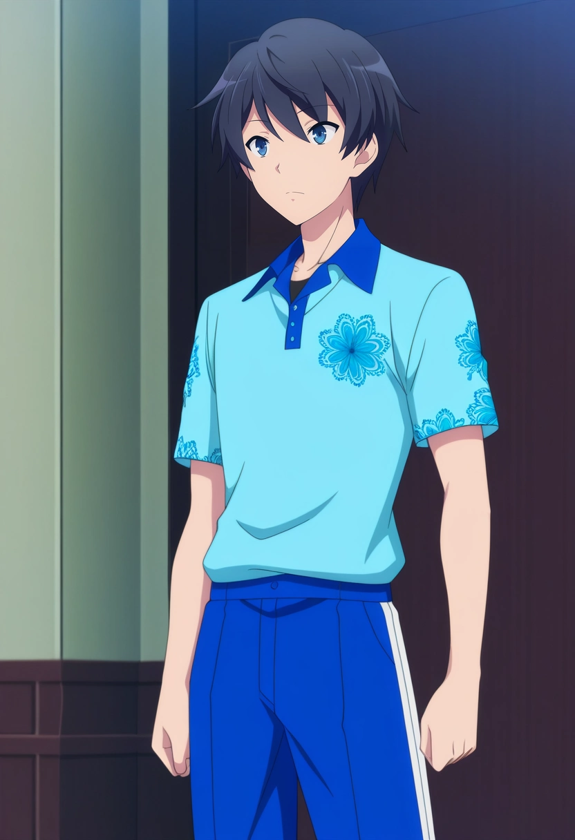 masterpiece, best quality, , anime screencap, anime coloring, official style,, 1boy, solo, male focus, <lora:touya_mochizuki_ilxl:0.9>, touya_mochizuki, black hair, blue eyes, , , Damask Harlequin Rosewood Track pants, Paisley Pique polo shirt, , ,