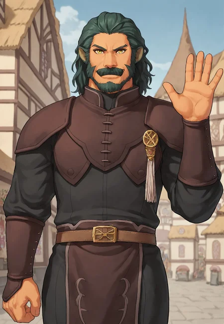 score_9, score_8_up, Giffca, lion ears, medium hair, yellow eyes, green hair, facial hair, mustache, medieval town, blue sky, portrait, looking at viewer, smile, armor, bracers, dynamic pose, dutch angle, happy, belt, front view, gust of wind, (walking down the street), market, (waving),