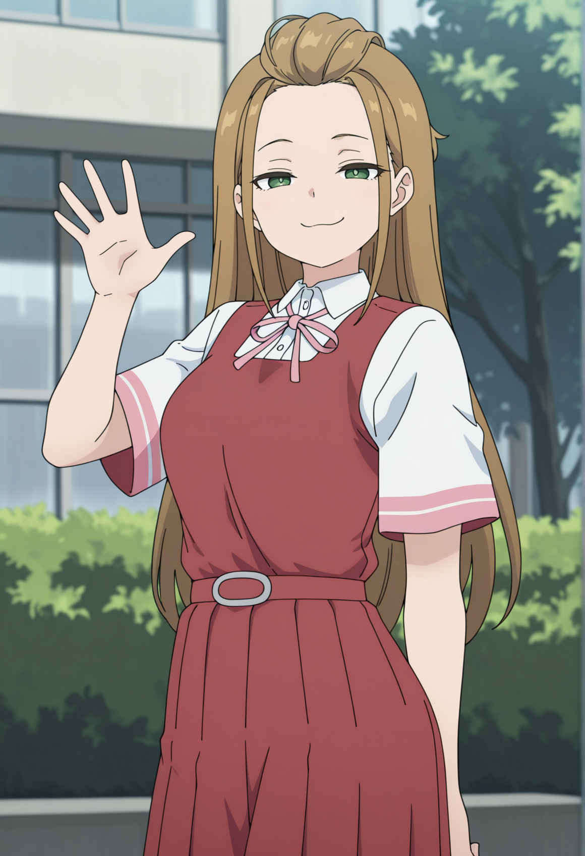 1girl, brown hair, sidelocks, green eyes, solo, red school uniform, waving, outdoors, cowboy shot, smug, looking at viewer,  <lora:erika_otome_kai:1>, masterpiece, best quality, amazing quality, very aesthetic, absurdres, highres, newest