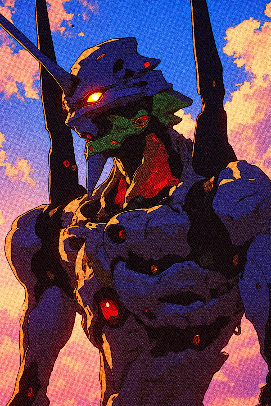 a vibrant digital artwork, characterized by a pixelated texture and a vivid color palette featuring a detailed, futuristic humanoid robot with a sleek, armored exterior, the EVA from the show Neon Genesis Evangelion. The robot's face, dominated by a prominent, sharp, angular helmet with a yellow and black visor, is prominently displayed. The robot's metallic body is predominantly dark blue and grey, with sharp, angular lines and intricate detailing. Its left arm is extended, while the right arm is bent at the elbow, giving a sense of readiness or aggression. The robot's head is adorned with a large, menacing red eye and a protruding antenna. The visor glows with a vivid orange hue, suggesting a sense of power and intensity. he robot's metallic body is predominantly dark blue and grey, with sharp, angular lines and intricate detailing.

The sky's clouds are depicted with a soft, yet dynamic, texture, enhancing the sense of movement and depth. The overall style is reminiscent of anime or manga art, with sharp, defined lines and vibrant colors, characteristic of this genre.