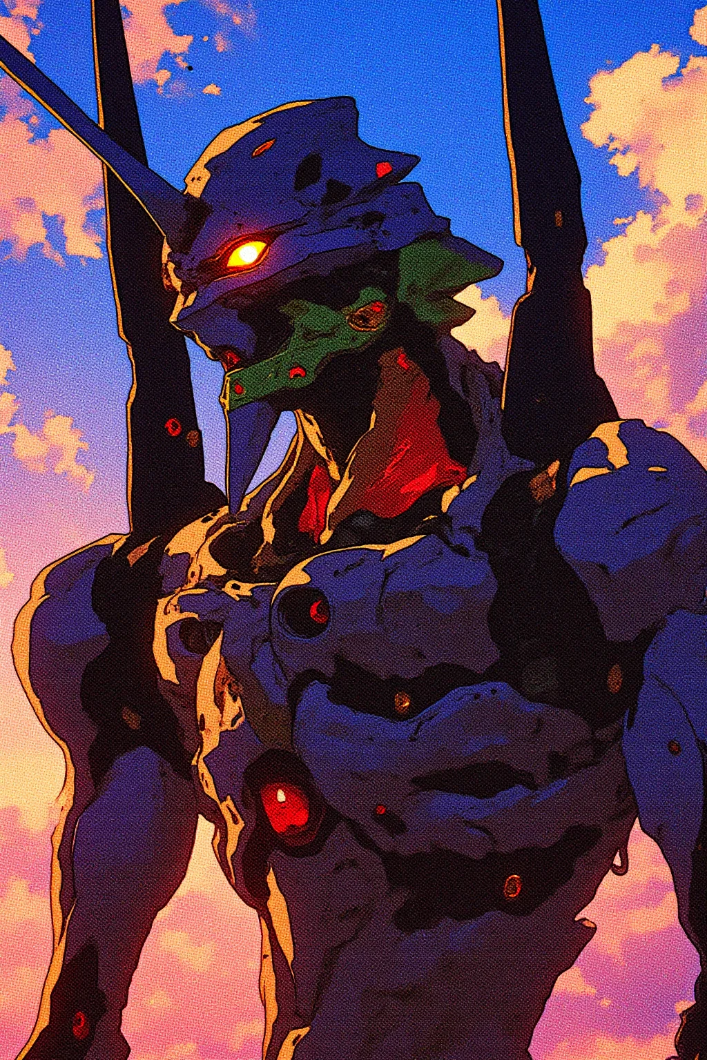 a vibrant digital artwork, characterized by a pixelated texture and a vivid color palette featuring a detailed, futuristic humanoid robot with a sleek, armored exterior, the EVA from the show Neon Genesis Evangelion. The robot's face, dominated by a prominent, sharp, angular helmet with a yellow and black visor, is prominently displayed. The robot's metallic body is predominantly dark blue and grey, with sharp, angular lines and intricate detailing. Its left arm is extended, while the right arm is bent at the elbow, giving a sense of readiness or aggression. The robot's head is adorned with a large, menacing red eye and a protruding antenna. The visor glows with a vivid orange hue, suggesting a sense of power and intensity. he robot's metallic body is predominantly dark blue and grey, with sharp, angular lines and intricate detailing.
The sky's clouds are depicted with a soft, yet dynamic, texture, enhancing the sense of movement and depth. The overall style is reminiscent of anime or manga art, with sharp, defined lines and vibrant colors, characteristic of this genre.