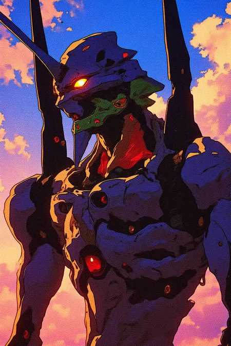 a vibrant digital artwork, characterized by a pixelated texture and a vivid color palette featuring a detailed, futuristic humanoid robot with a sleek, armored exterior, the EVA from the show Neon Genesis Evangelion. The robot's face, dominated by a prominent, sharp, angular helmet with a yellow and black visor, is prominently displayed. The robot's metallic body is predominantly dark blue and grey, with sharp, angular lines and intricate detailing. Its left arm is extended, while the right arm is bent at the elbow, giving a sense of readiness or aggression. The robot's head is adorned with a large, menacing red eye and a protruding antenna. The visor glows with a vivid orange hue, suggesting a sense of power and intensity. he robot's metallic body is predominantly dark blue and grey, with sharp, angular lines and intricate detailing.
The sky's clouds are depicted with a soft, yet dynamic, texture, enhancing the sense of movement and depth. The overall style is reminiscent of anime or manga art, with sharp, defined lines and vibrant colors, characteristic of this genre.