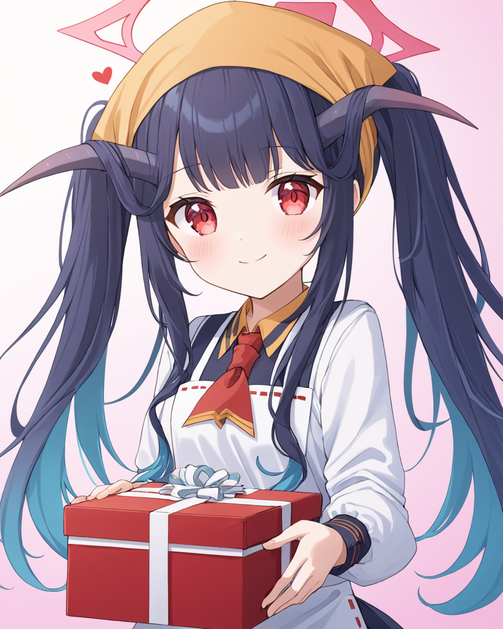 fuuka \(blue archive\),1girl, horns, solo, apron, halo, twintails, heart, looking_at_viewer, smile, head_scarf, hair_on_horn, heart-shaped_box, valentine, blush, school_uniform, orange_headwear, gift
<lora:fuuka_(blue_archive)_image510_2023-11-23-000012:1>. gorgeous,key visual, vibrant, studio anime,award-winning, professional, highly detailed,high budget, cinemascope