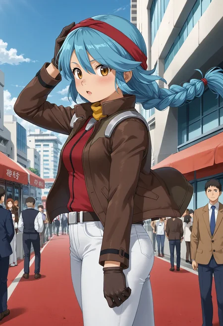 <lora:Hyper-SDXL-8steps-lora:1> <lora:Fixhands_anime_bdsqlsz_V1:1> zPDXL2, score_9, score_8_up, score_7_up, source_anime, intricate details, perfect anatomy BREAK
outdoors, city, tokyo, japan, audience, crowd, standing, cowboy shot,  wind,  hair flowing in the wind,  from side,  looking at viewer,  hand in own hair, Confused, Wide-open eyes, a slightly furrowed brow, and a slightly open mouth., 1girl, solo, solo focus, 
<lora:GAGE-arisa_gunhale_XL(pony)v10:1> GAGE-arisa, green hair, hair over one eye, single braid, red hairband, brown eyes, gage-arisa outfit, yellow choker, brown jacket, red shirt, brown gloves, white pants, brown boots,